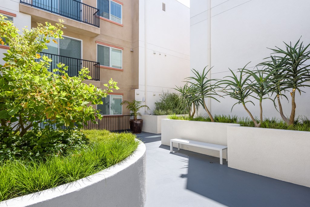 a courtyard with a bench and plants in front of a building