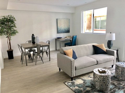 A living room with a grey couch, a dining table with chairs, a desk with a chair, a floor lamp, and a rug.