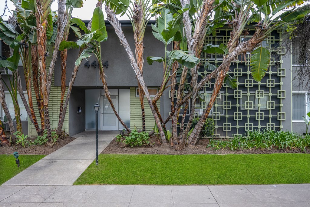 a building with a sidewalk and trees in front of it