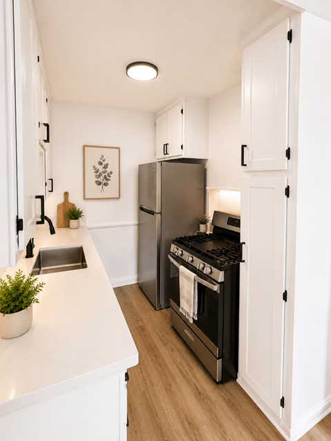 A modern kitchen with a black fridge and stove.