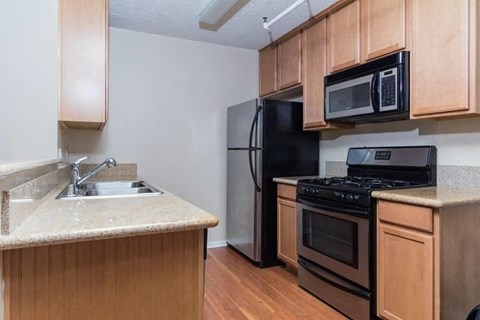 a kitchen with a sink and a stove and a refrigerator
