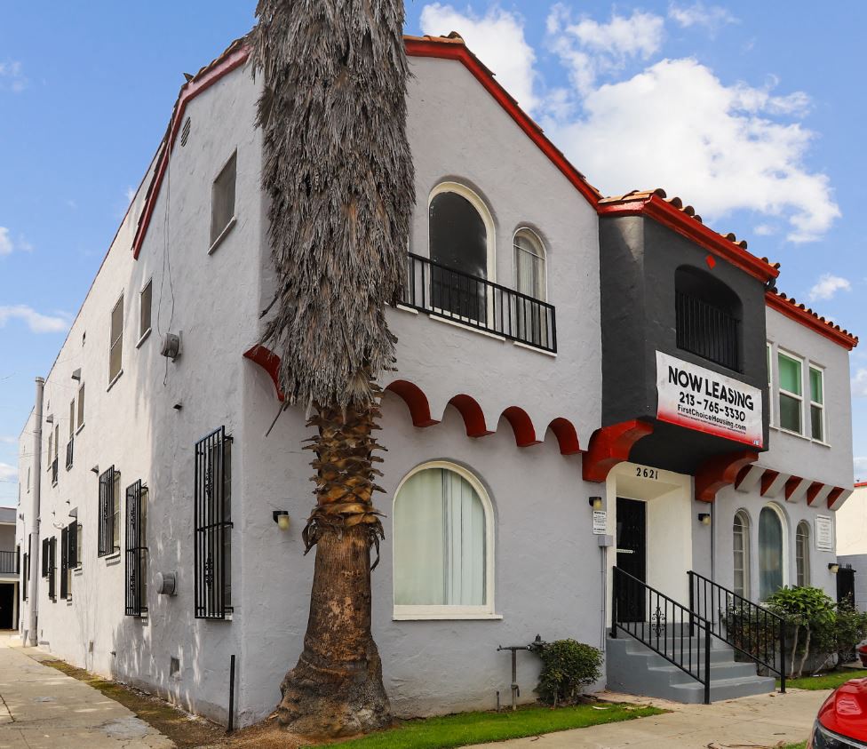 a white building with a palm tree in front of it