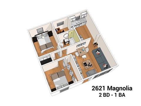 A floor plan of a 2 bedroom, 1 bathroom apartment.