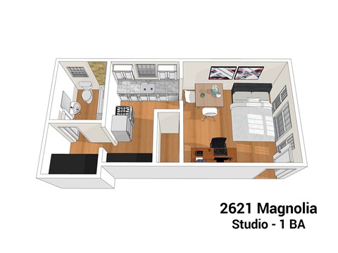 A floor plan of a studio apartment with 1 bed and 1 bath.