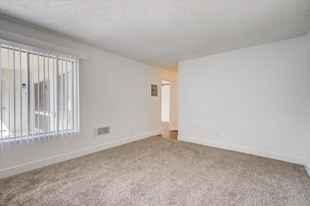 a bedroom with a large window and a carpeted floor