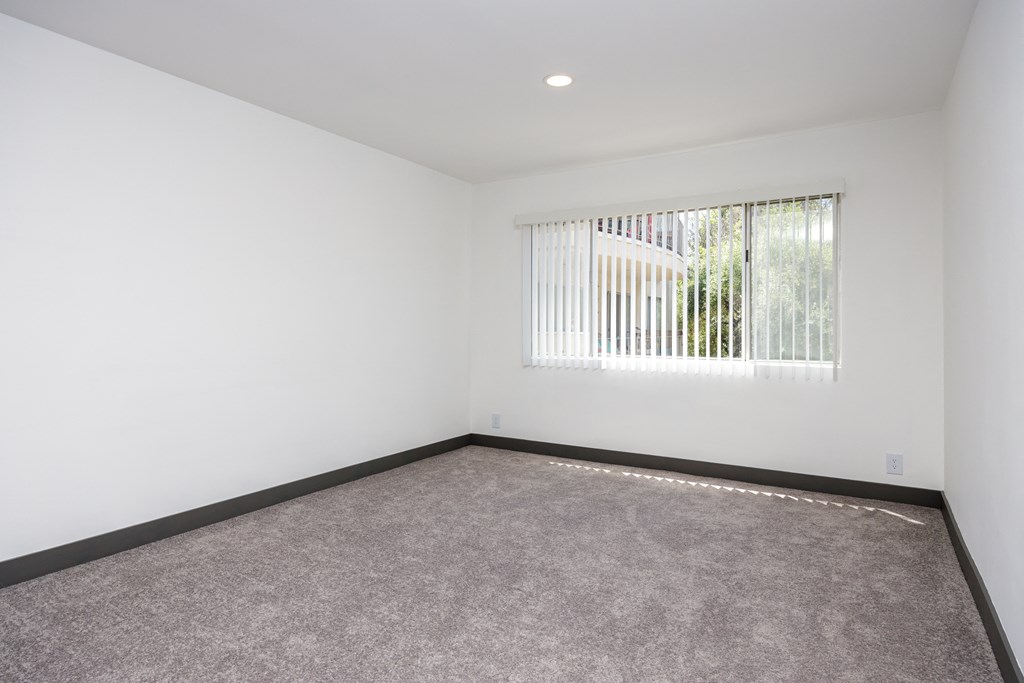 an empty room with a window and carpet