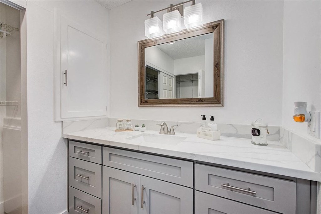 a bathroom with a sink and a mirror