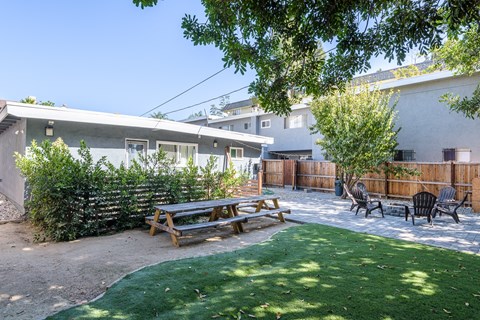 A backyard with a picnic table and chairs.
