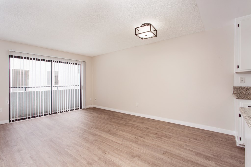 A room with a sliding door and a window with blinds.