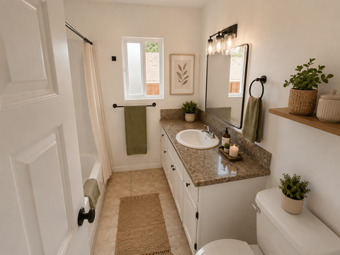 A bathroom with a towel hanging on the shower rod.