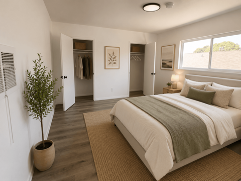 A bedroom with a bed, a potted plant, and a window.