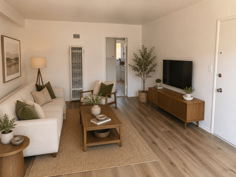 A living room with a white couch, a wooden coffee table, and a flat-screen TV.