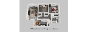 A 3D rendered image of a house layout.