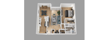 a 3d floor plan of a small apartment