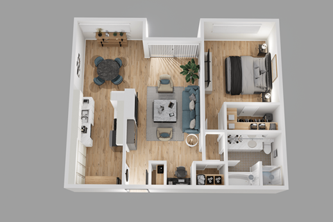a 3d floor plan of a small apartment