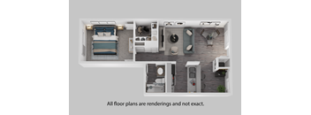 A floor plan of a small apartment with a bedroom, living room, kitchen, and bathroom.