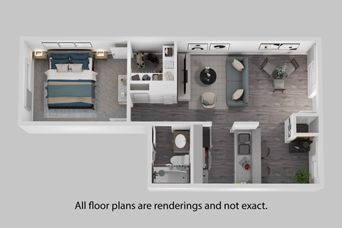 A floor plan of a small apartment with a bedroom, living room, kitchen, and bathroom.