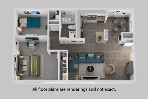 A 3D rendered image of a house layout.
