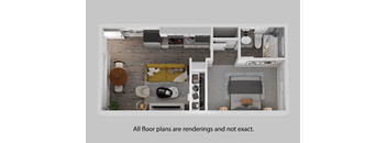 A 3D rendered image of a room with a bed, a couch, a table, and a plant.