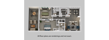 A floor plan of a house with a kitchen, living room, and two bedrooms.