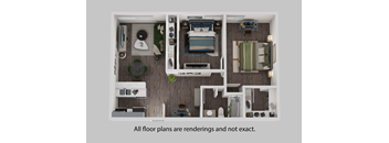 A floor plan of a house with a kitchen, living room, and two bedrooms.