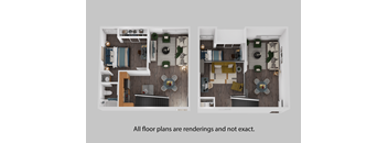 Two renderings of a floor plan with a kitchen, living room, and dining area.