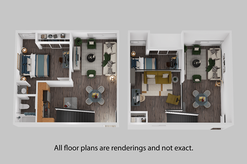 Two renderings of a floor plan with a kitchen, living room, and dining area.