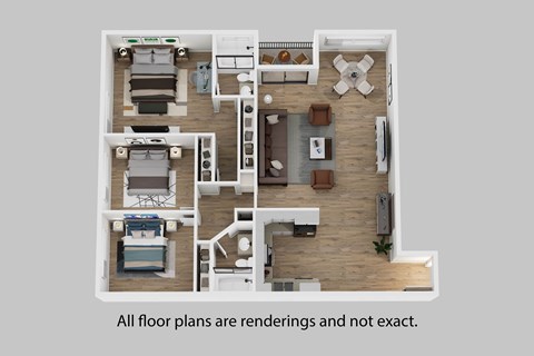 A 3D rendered image of a house layout.