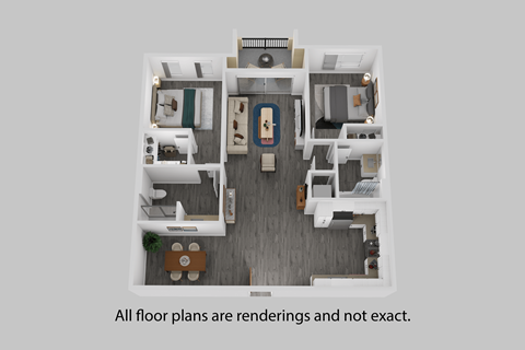 A top-down view of a house layout with a kitchen, living room, and two bedrooms.