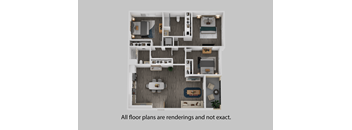 A top-down view of a house layout with a kitchen, living room, and dining area.
