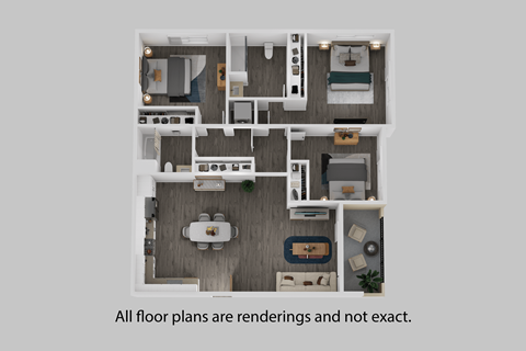 A top-down view of a house layout with a kitchen, living room, and dining area.