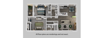 A top down view of a house layout with a disclaimer that all floor plans are renderings and not exact.
