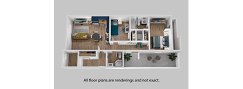 3d floor plan of a apartment with all floor plans are rendered and not exact