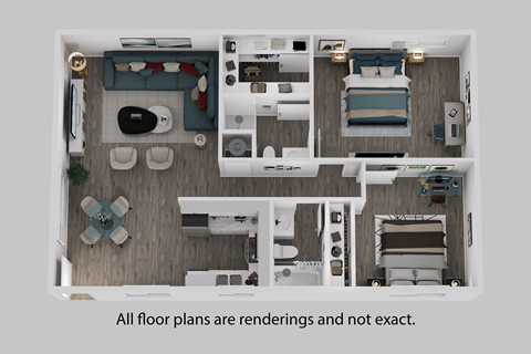 A 3D rendered image of a floor plan for a house.
