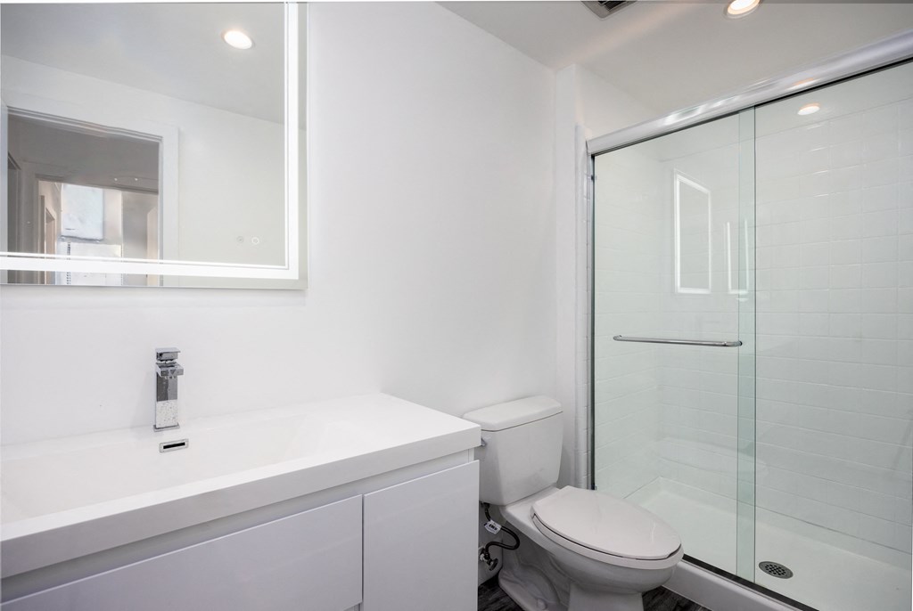 a bathroom with a sink toilet and a shower