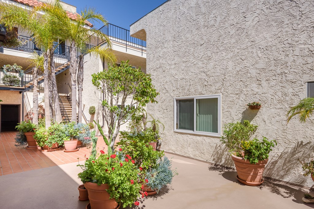 a patio with potted plants in front of a building