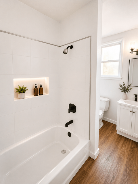 A white bathroom with a tub, toilet, and sink.