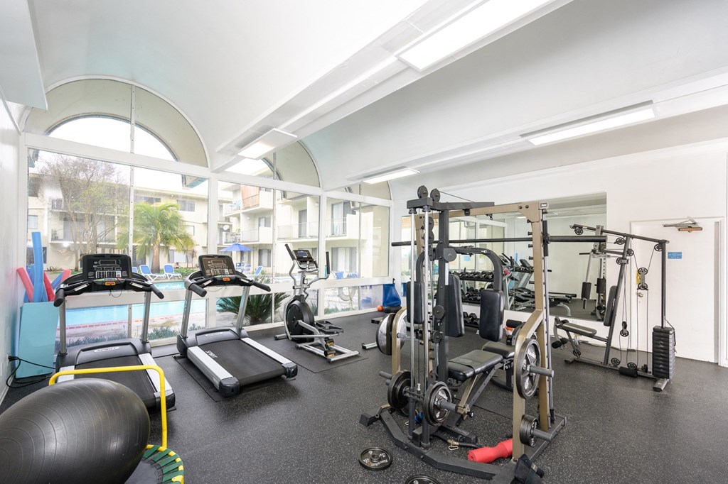 a gym with cardio machines and weights in a building with a large window
