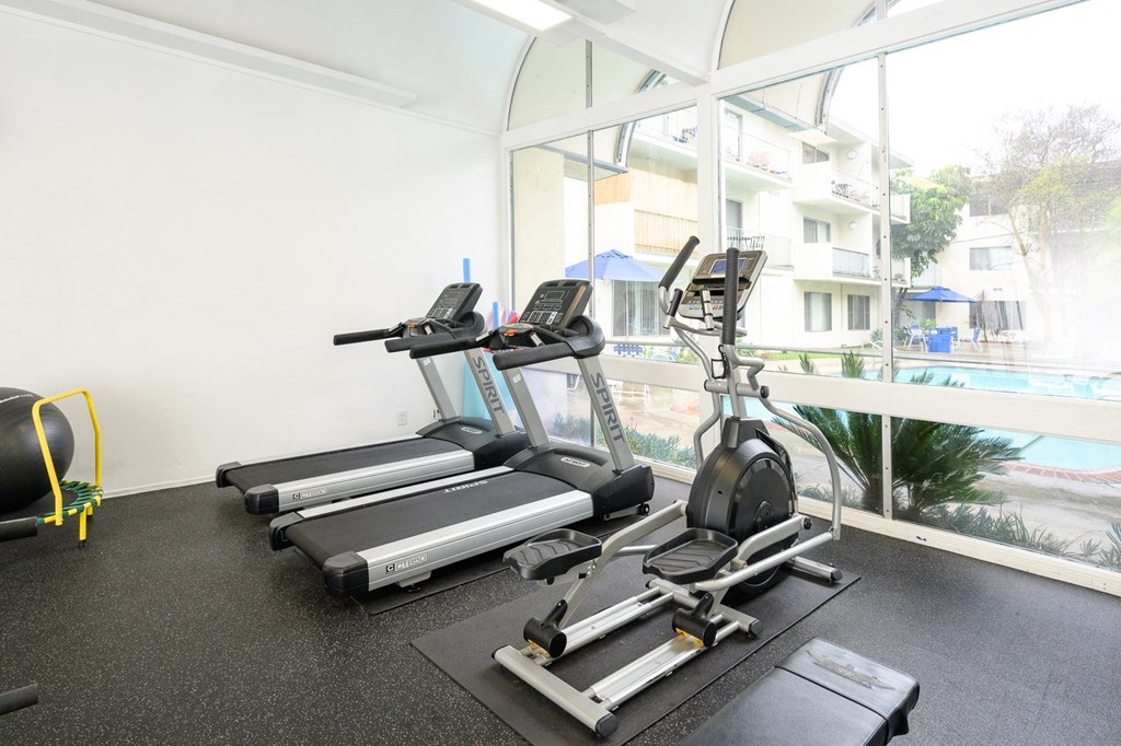 a gym with cardio equipment and a large window