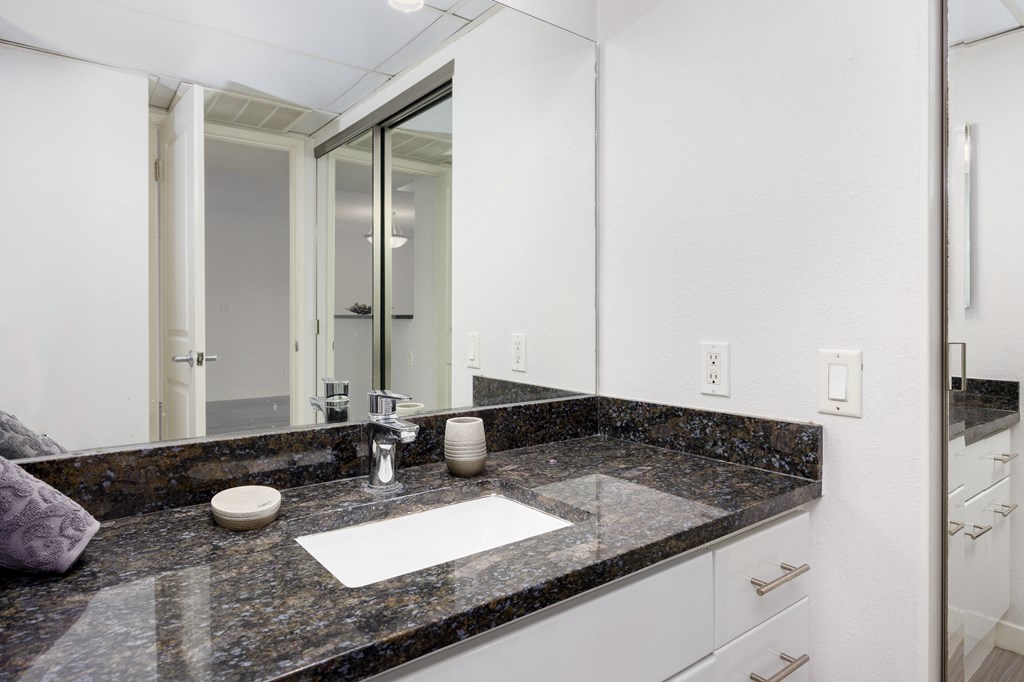 a bathroom with a sink and a mirror