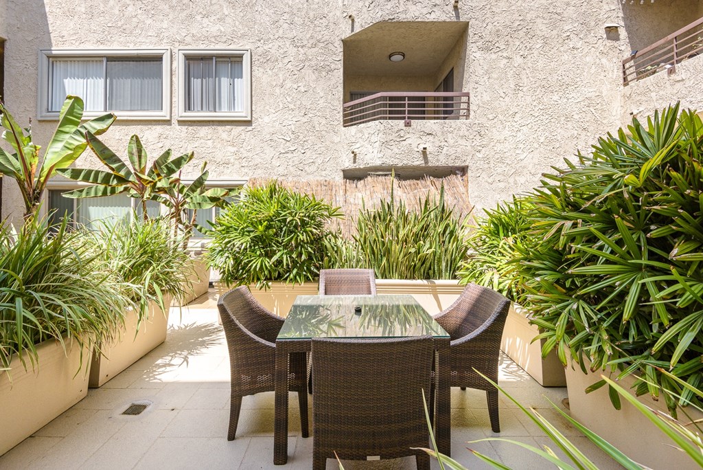 A patio with a table and chairs surrounded by green plants.