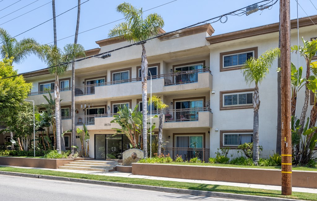 a white apartment building with palm trees in front of it