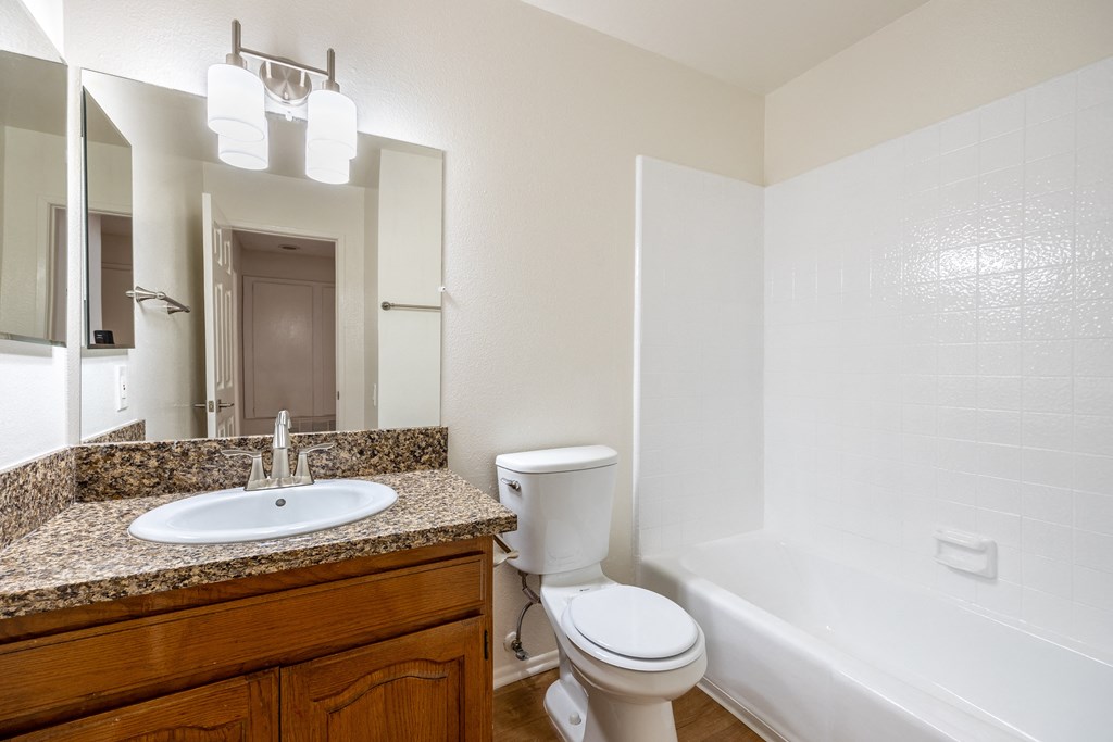 a bathroom with a sink toilet and tub and a mirror