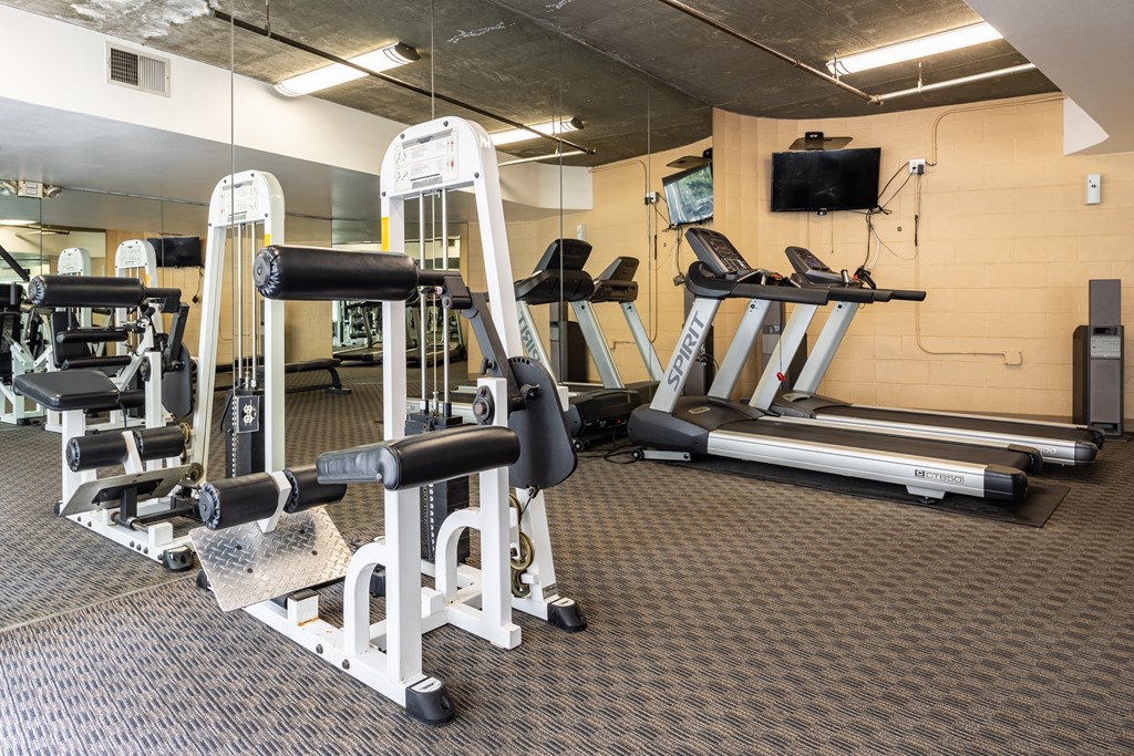 a gym with a lot of exercise equipment and a tv on the wall