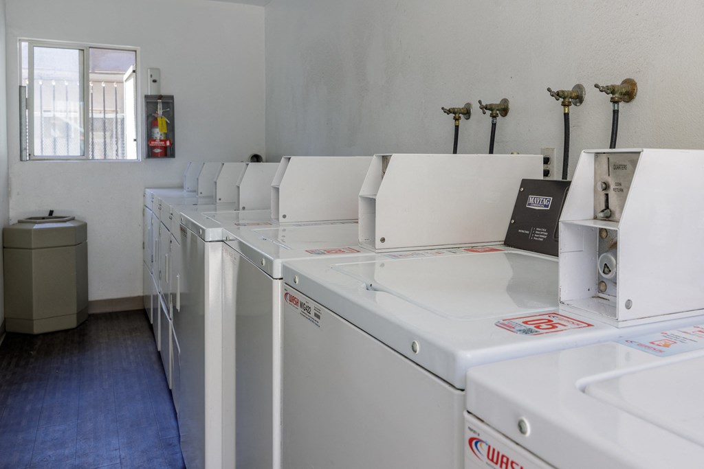 a row of washers and dryers in a laundry room