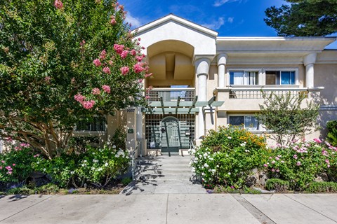 a house with a walkway and flowering plants in front of it