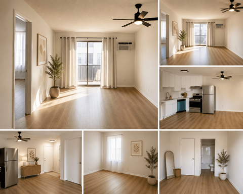 A series of images showing different views of a modern, empty living space with wooden floors and white walls.
