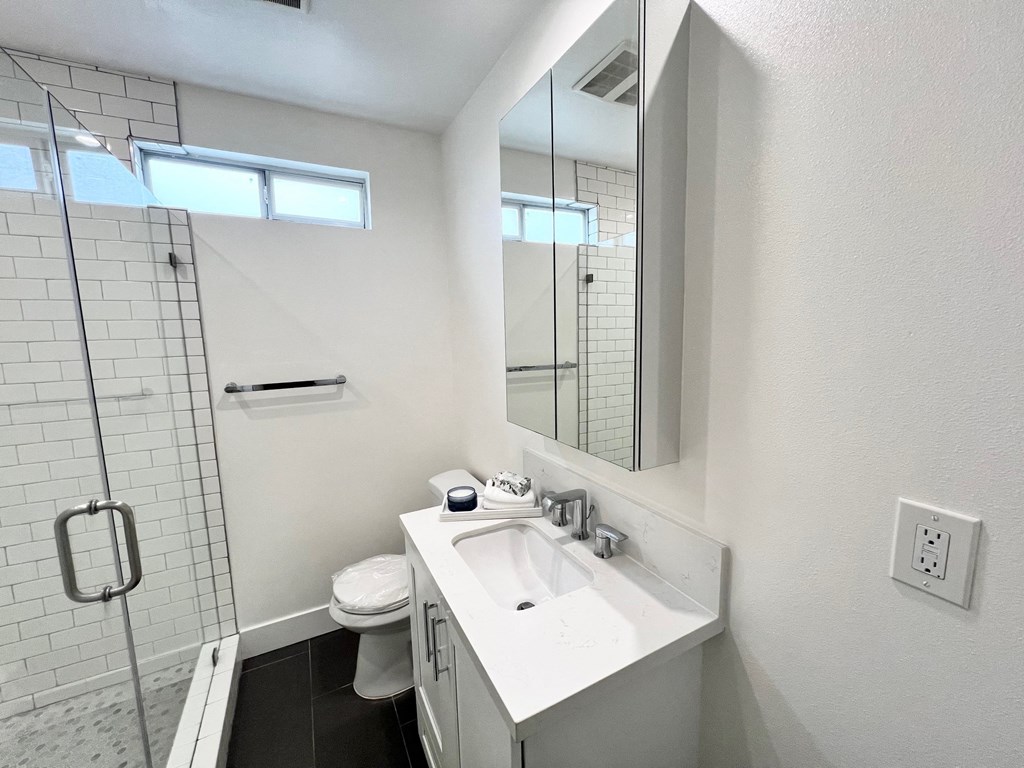 a bathroom with a sink and a shower and a mirror