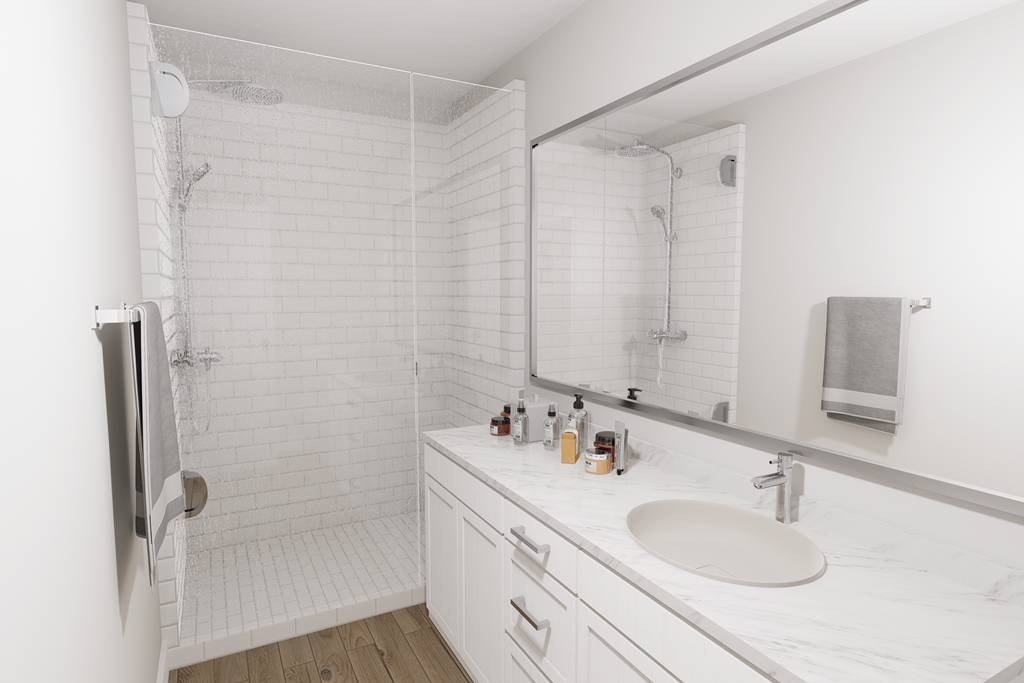a white bathroom with a large mirror and a white sink and shower