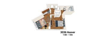 A floor plan of a 3036 Hoover apartment with 1 bedroom and 1 bathroom.